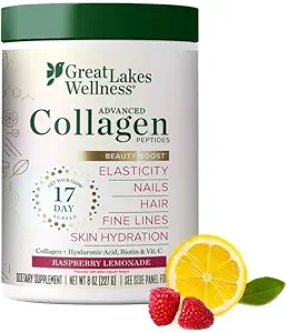 Great Lakes Wellness Beauty Boost Advanced Collagen Peptides Polvo con ácido hialurónico, biotina, vitamina C - Elasticidad y hidratación de la piel - Raspberry Lemonade Flavor - Non-GMO, Keto, Kosher - 8 oz