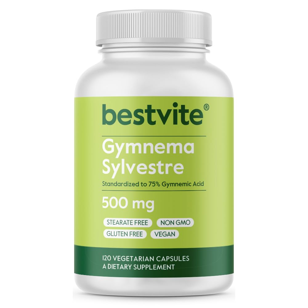 BESTVITE Gymnema Sylvestre 500mg (120 Vegetarian Capsules) - Standardized to 75% Gymnemic Acid - No Stearates - No Fillers - No Flow Agents- Vegan - Non GMO - Gluten Free
