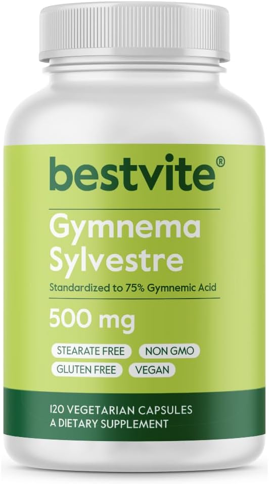 BESTVITE Gymnema Sylvestre 500mg (120 cápsulas vegetarianas) - Estándarizado al 75% Ácido Gimnemico - No Stearates - No Fillers - No Flow Agents- Vegan - No GMO - Gluten Free