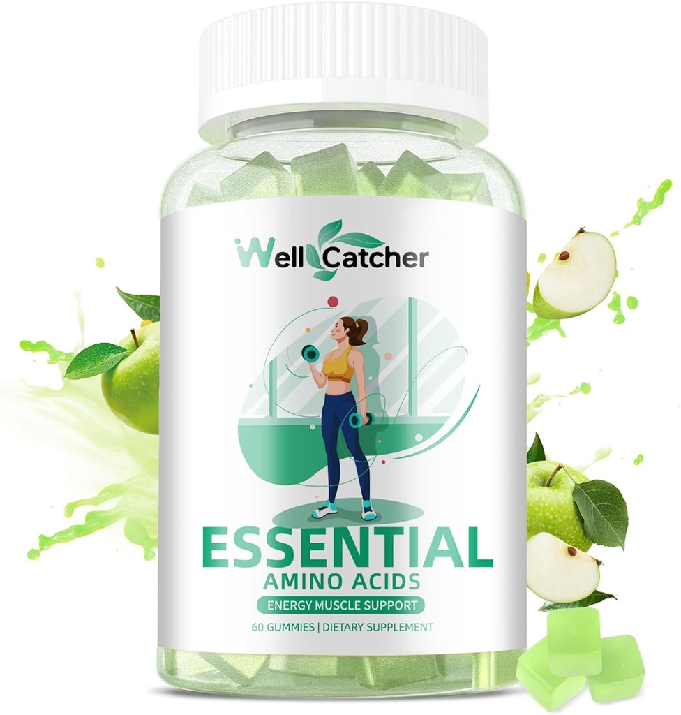 EAA Gummies Aminoácidos Esenciales - Todos los 9 Aminos Esenciales y Todos los Aminos de Cadena Sustituida (BCAAs) con Recuperación Muscle, Apoyo Energético Sugar Free Green Apple Flavor 30 Servimientos
