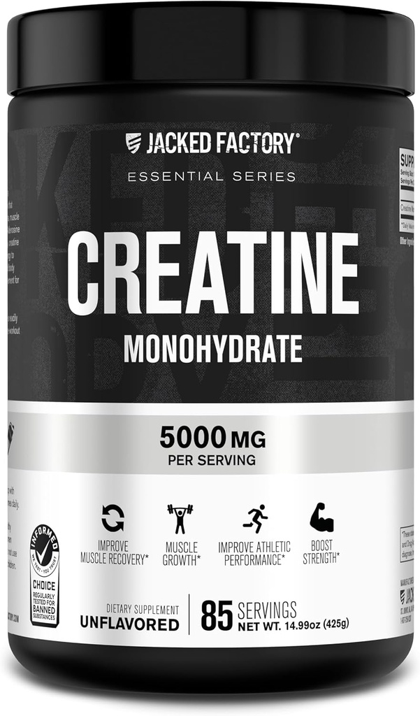 Funda de Monohidrato de Creatina Jacked Factory 425g - 5g Suplemento diario de Creatina para Hombres y Mujeres, Vegan-Amigo, Terceros Tested - 85 Servimientos, Desflavorado