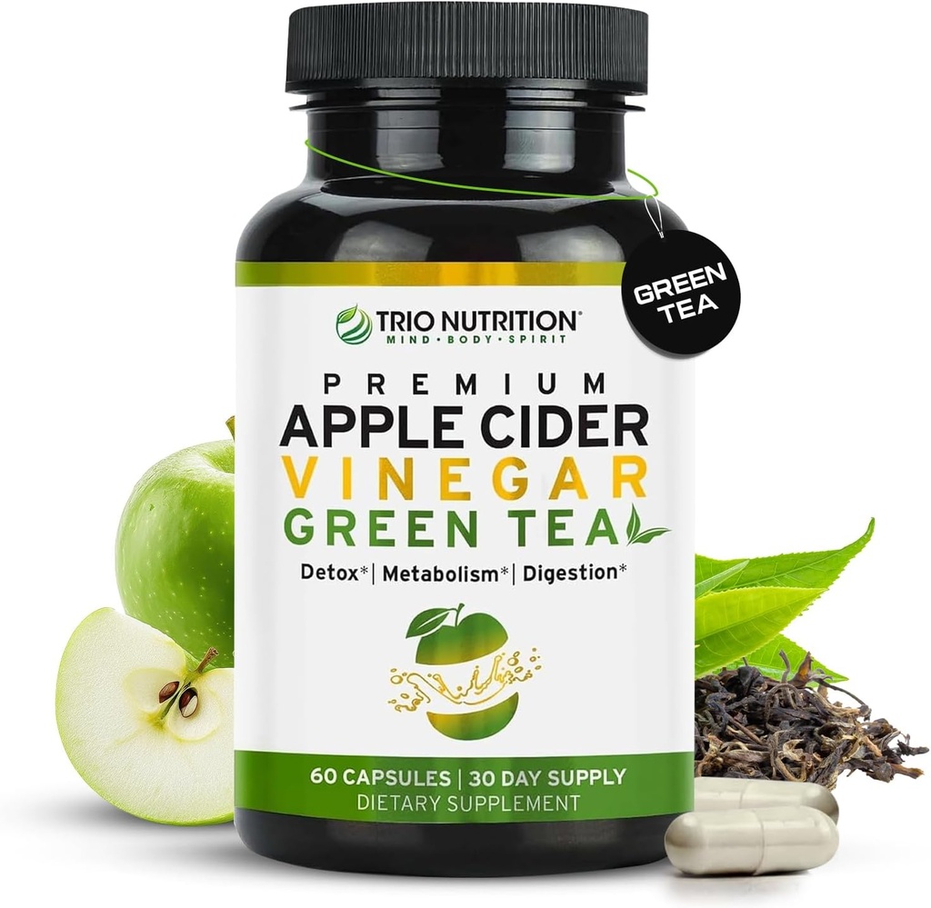 TRIO NUTRITION Cápsulas de vinagre de sidra de manzana con té verde - Píldoras de vinagre de sidra natural con la madre para la limpieza corporal, inmune, gestión de peso &amp; metabolismo Booster*
