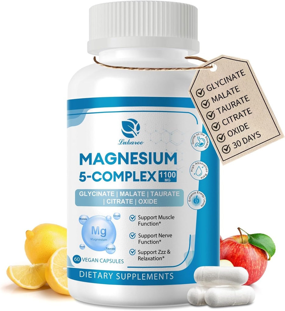 Suplemento Complejo de Magnesio 5-en-1 con vitaminas &amp; extractos herbarios, 30 días de suministro con magnesio Glycinate Citrato Malate Taurate Oxido para la energía del músculo del hueso calma equilibrio del cortisol, Vegan