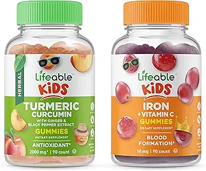 Curcumina Turmérica Lifeable Niños + Hierro &amp; Vitamina C Niños, Gummies Bundle - Gran Tasting, Suplemento de vitamina, Gluten Gratis, GMO Gratis, Chewable Gummy