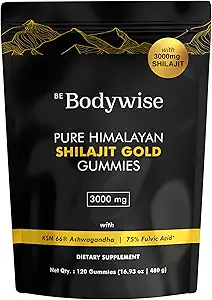 Be Bodywise Pure Himalayan Shilajit Gummies Gold I No Añadido Sugar I Ashwagandha, Gokshura sometida Fulvic Acid &amp; 85+ Trace Minerals I for Men, Women I Non-GMO I 100% Natural &amp; Organic I 120 Gummy I Pouch