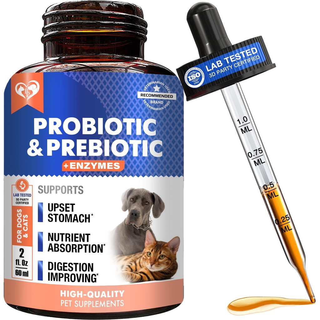 Probiotics & Prebiotics with Enzymes for Dogs and Cats - Digestive Gut Flora Health Pet Food Supplements - Constipation & Diarrhea and Gas Home Remedy - Upset Stomach Relief - Made in USA