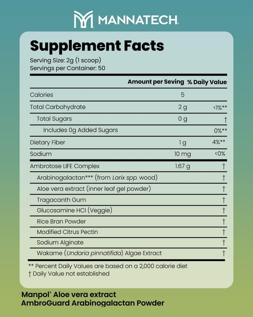 Suplemento de apoyo inmunitario, Mannatech Ambrotose Life (Powder) 100g, apoya la comunicación celular a celular y una defensa inmunitaria saludable, con Manapol Powder Pure 100% Natural Aloe Vera