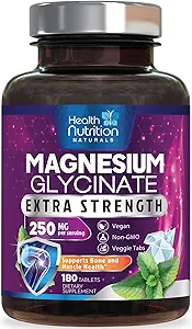 Magnesio Glycinate 250mg - Magnesio 100% Chelated para Max Absorción - Apoyo al sueño, Muscle, Nerves, Bone & Heart Health Support, Best Mag Supplement, Vegan Non-GMO, 3rd Party Tested - 180 Tablets