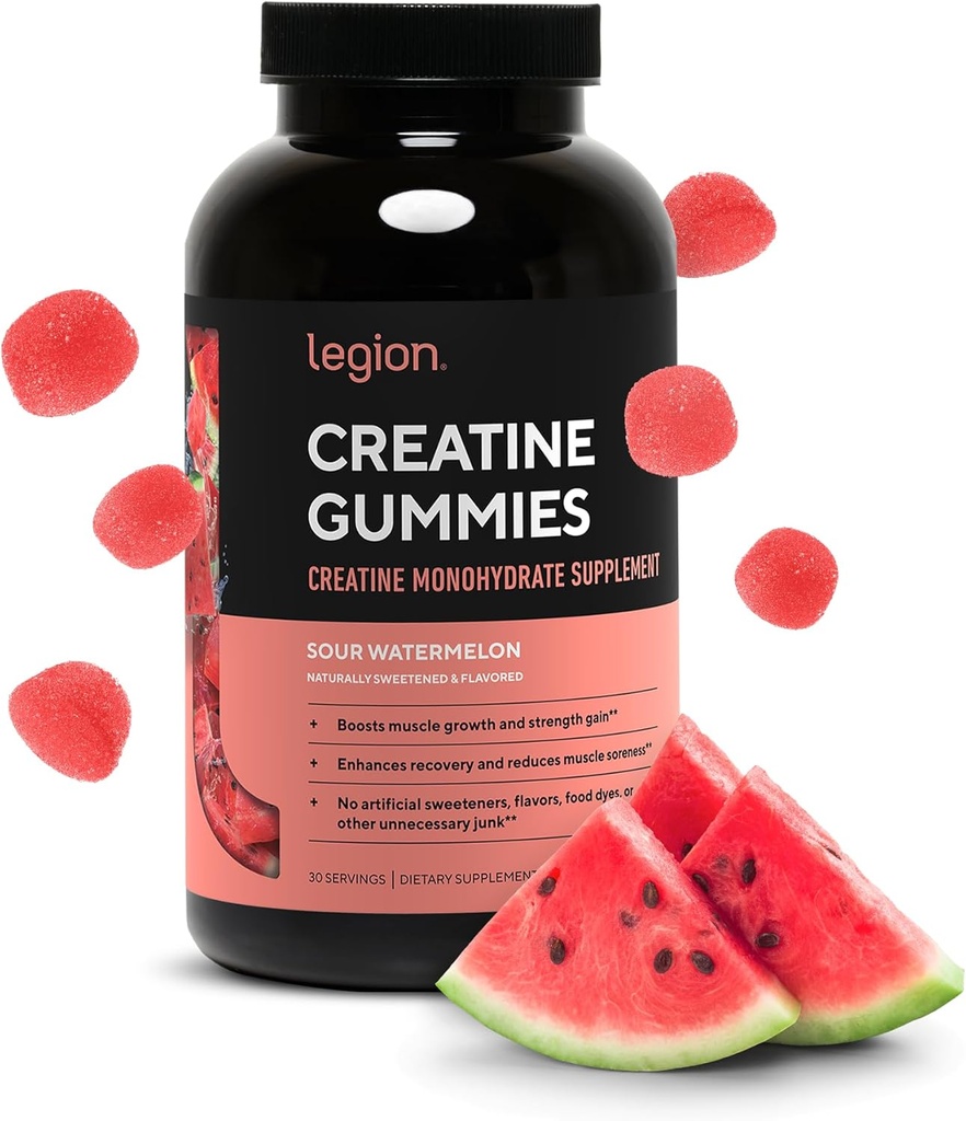 LEGION Creatine Monohydrate Gummies – Clean Chewable Creatine Supplement for Strength, Endurance &amp; Muscle Recovery – 30 Sour Watermelon Flavor Servings – Sin sabores artificiales o dulces