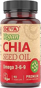 DEVA Vitaminas Veganas Aceite de semilla de Chia, Empaquetado con Omega 3, 6, 9 &amp; Otros ácidos grasos esenciales, frío predestinado " sin refinar, 90 cápsulas