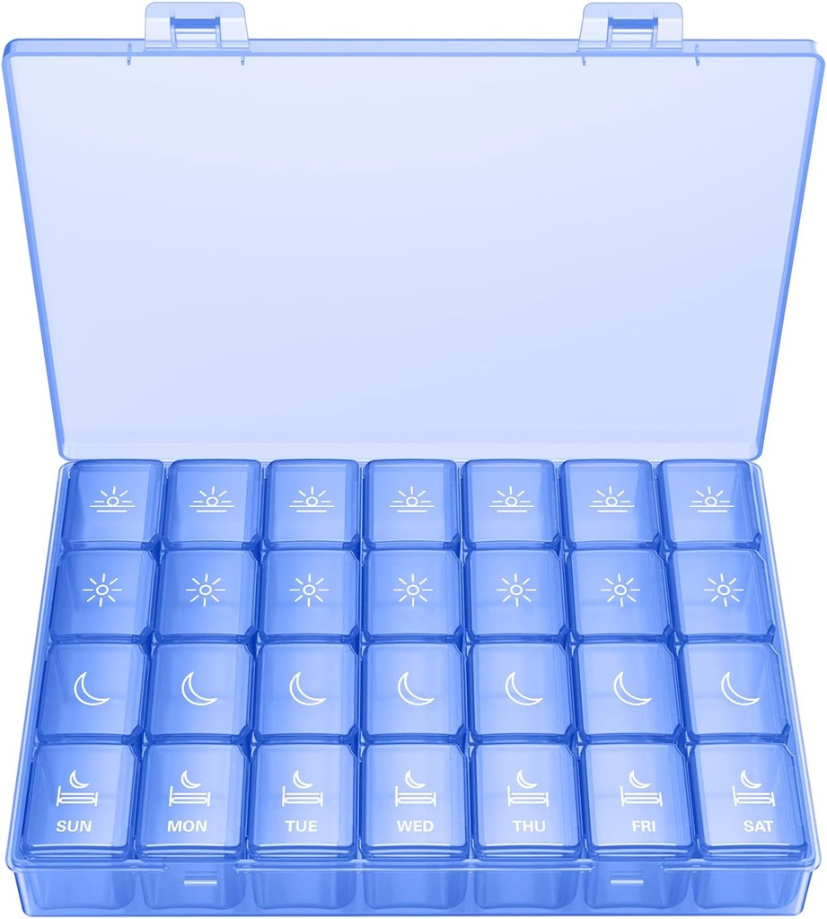 XL Pill Organizer 4 veces al día, BUG HULL Extra Large Weekly Pill Box Case, 7 Day Vitamin Container Daily Pill Holder for Cod-Liver Oil, Vitaminas, Suplementos (Royal Blue)