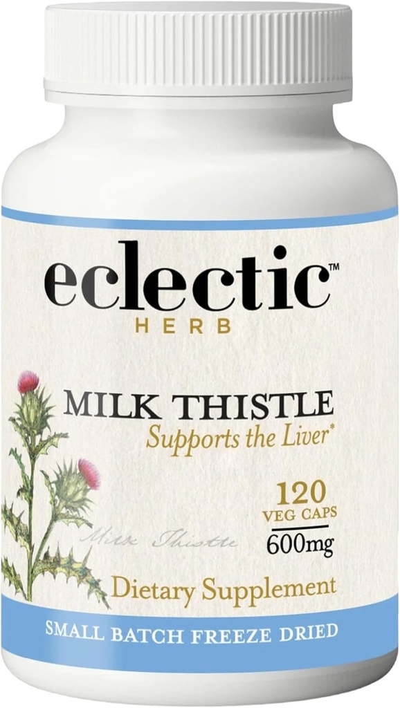 Hierba Ecléctica - Premium Freeze Dried Milk Thistle Capsules ← Suplemento dietético ← Apoyo al hígado, Detox, Cleanse + Mantener Silencio Natural, Non-GMO, Vegan (120 CT tención 600 mg)