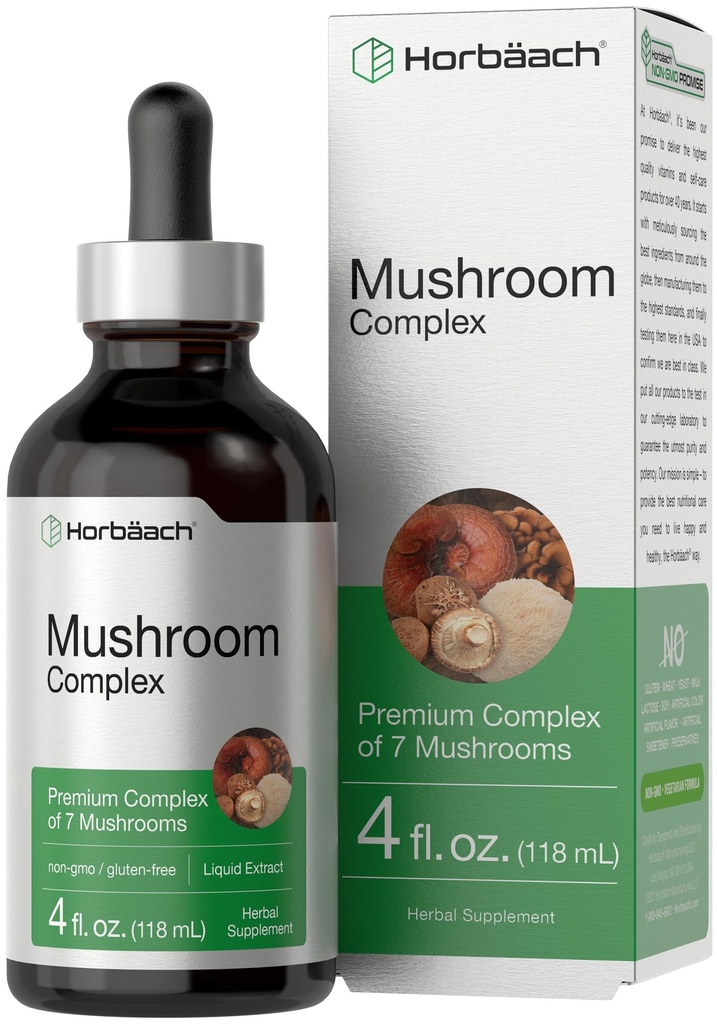 Horbäach Mushroom Complex ← 4 Fl Oz Herbal Liquid Drops ¦ Lion's Mane, Reishi, Shiitake, Chaga, Cordyceps, Maitake, y Oyster Mushroom Suplemento Blend ← Vegetarian  Non-GMO, Gluten Free Formula