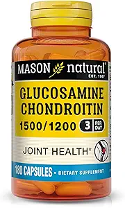 Mason Natural Glucosamine Chondroitin 1500/1200 3 Por día con vitamina C, soporta la salud conjunta, mejor flexibilidad y movilidad, 180 cápsulas