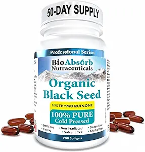Bio Absorb Black Seed Oil Cold Pressed Capsules. 200 softgels, 500mg (50-Day Supply). Sin pastel.