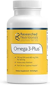 Nutricionales investigados Omega-3 Plus Fish Oil - EPA DHA Omega 3 Suplemento de Apoyo Cardiovascular &amp; Brain Health - Molecularmente Destilado para la Pureza &amp; Safety (60 Softgels)