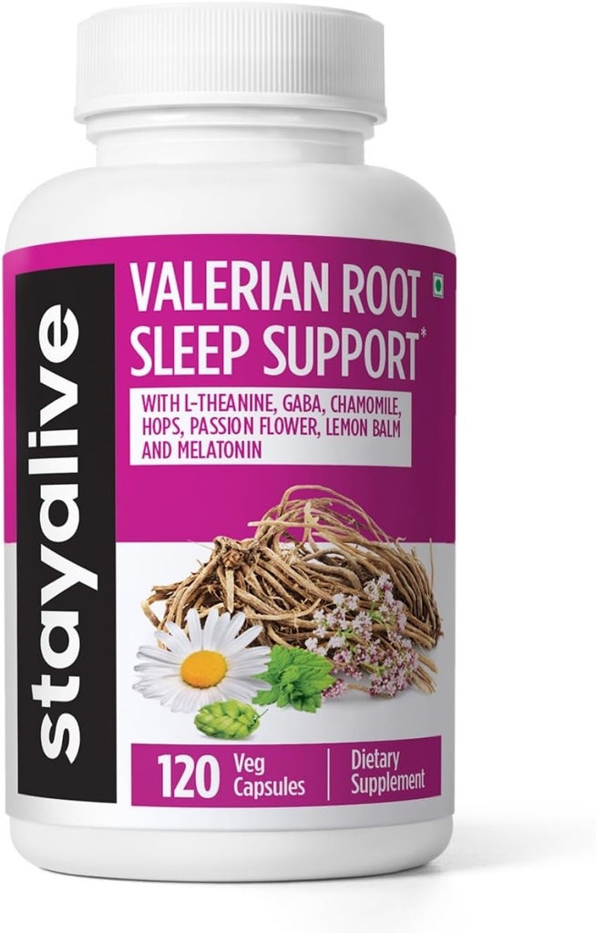STAY ALIVE Valerian Root Capsules, 8-in-1 Extract w/Melatonin, Passion Flower, L-Theanine, Lemon Balm, Hops Flower, Chamomile & GABA, 120 Valerian Pills, Non-GMO &amp; Gluten-Free Natural Sleep Supplement