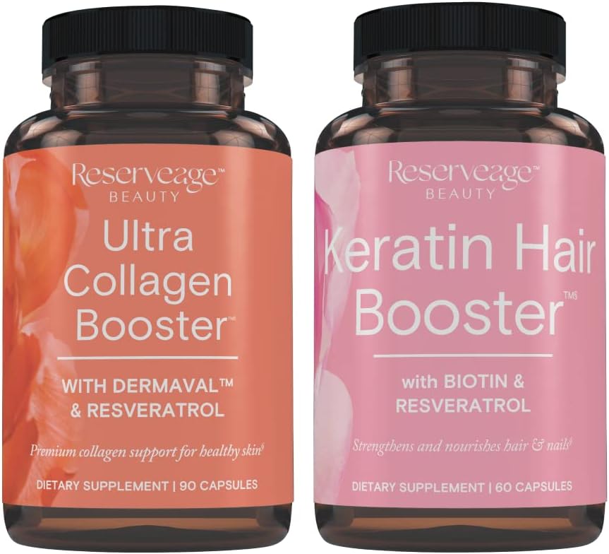 Reservage Ultra Collagen Booster " Keratin Hair Booster - Características Dermaval, Biotin " Resveratrol - Soporte Peluquería " - 90 cápsulas Ultra Collagen, 60 cápsulas de queratina