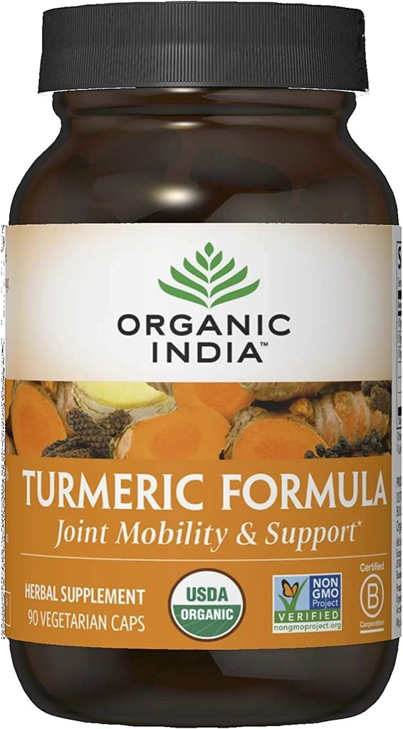 Organic India Turmeric Curcumin Herbal Supplement - Joint Mobility & Support, Immune System Support, Healthy Inflammatory Response, Whole Root Supplement, Organic Trikatu - 90 Capsules