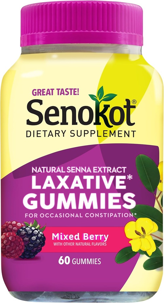 Senokot Dietary Supplement Laxative Gummies, Natural Senna Extract, Gentle, Overnight Relief from Occasional Constipation, Mixed Berry Flavor, 60 Conde.