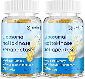 Liposomal Nattokinase 12,000 FU Serrapeptase 360,000 SPU Enzyme Suplemento - Enriquecido con Enzymes Sinergistas y Nutrient Blend ' Inulin para Circulatory, Gut, Digestión 60 cápsulas (2 Botella)