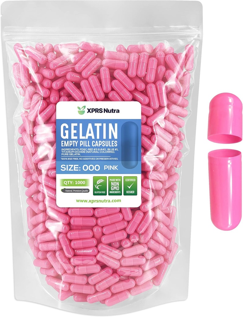 XPRS Nutra Size 000 Empty Capsules - 1000 Contando grandes capas de gelatina vacías - Píldoras para relleno de cápsulas de suplemento DIY - Cápsulas de gel de color ajustable (Pink)