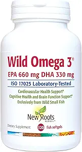 NEW ROOTS HERBAL Wild Omega-3 Fish Oil Suplemento 900mg + EPA 600mg DHA 330 mg, Concentración más alta + vitamina E (120 Softgels)