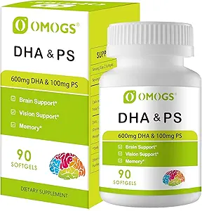 OMOGS Algae DHA - 600 mg Omega-3 DHA Softgels, with Phosphatidylserine & Walnut Oil, Supports Healthy Brain Function, Vision, Eye & Memory, Gluten Free, Non-GMO Vegan Algae Oil, 90 Softgels