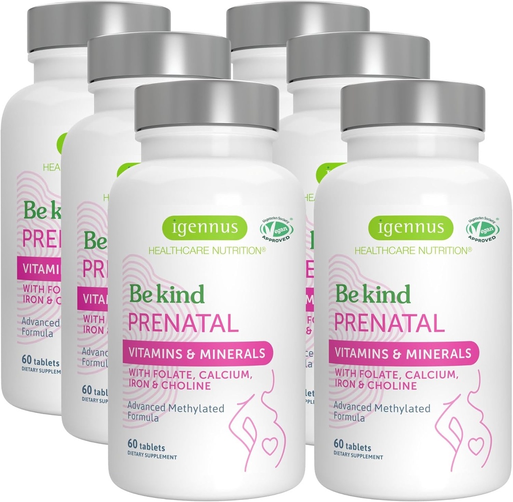 Igennus Methylated Prenatal Multivitamin for Women, Folate for MTHFR, High Absorption, Pure &amp; Clean, Gentle Iron, Choline, Calcium &amp; Magnesium, Vegan Pregnancy Vitamins, Halal, Non-GMO, 60 Tablets x 6
