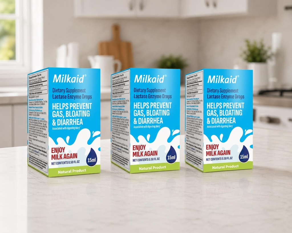 Milkaid Lactase Enzyme Drops for Lactose Intolerance ¦ Prevents Gas, Bloating " Diarrhea ← Fast Acting Dairy Digestive Supplement TEN Gluten Free " Vegetarian TEN No Artificial Flavor ← 0,5 Fl Oz (3)