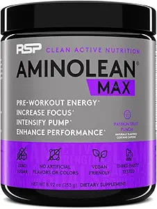 RSP NUTRITION AminoLean MAX Pre Workout - Energía intensa, Bombas masivas, Laser Focus with Natural Caffeine, Nitric Oxide, Beta Alanine, BCAAs, Nootropics, 25 Serv