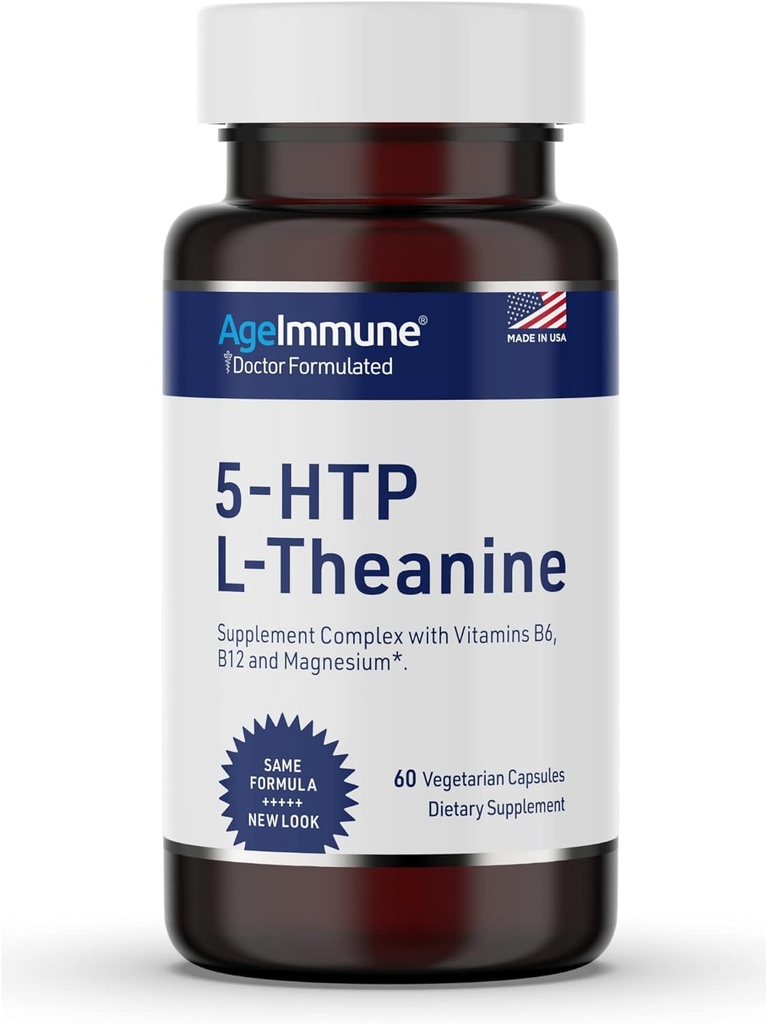 Fórmula 5-HTP para el alivio de estrés y el apoyo de relajación para adolescentes y adultos con 5-HTP, L-Theanine, Vitamina B6, Vitamina B12, Magnesio - Doctor Formulado - Estefato de magnesio Gratis - 60 cápsulas.