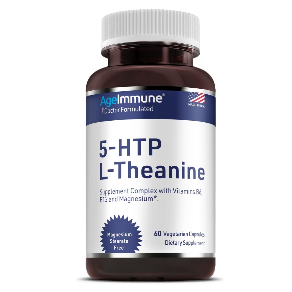 Fórmula 5-HTP para el alivio de estrés y el apoyo de relajación para adolescentes y adultos con 5-HTP, L-Theanine, Vitamina B6, Vitamina B12, Magnesio - Doctor Formulado - Estefato de magnesio Gratis - 60 cápsulas.