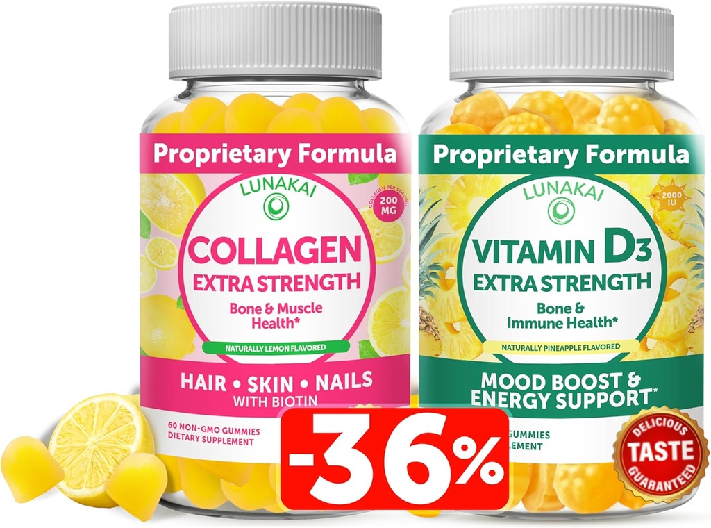 Lunakai Collagen and Vitamin D3 Gummies Bundle - Non-GMO Anti Aging Supplements for Men &amp; Women - Immunity, Bone and Mood Support Gummy for Adults - 30 Days Supply