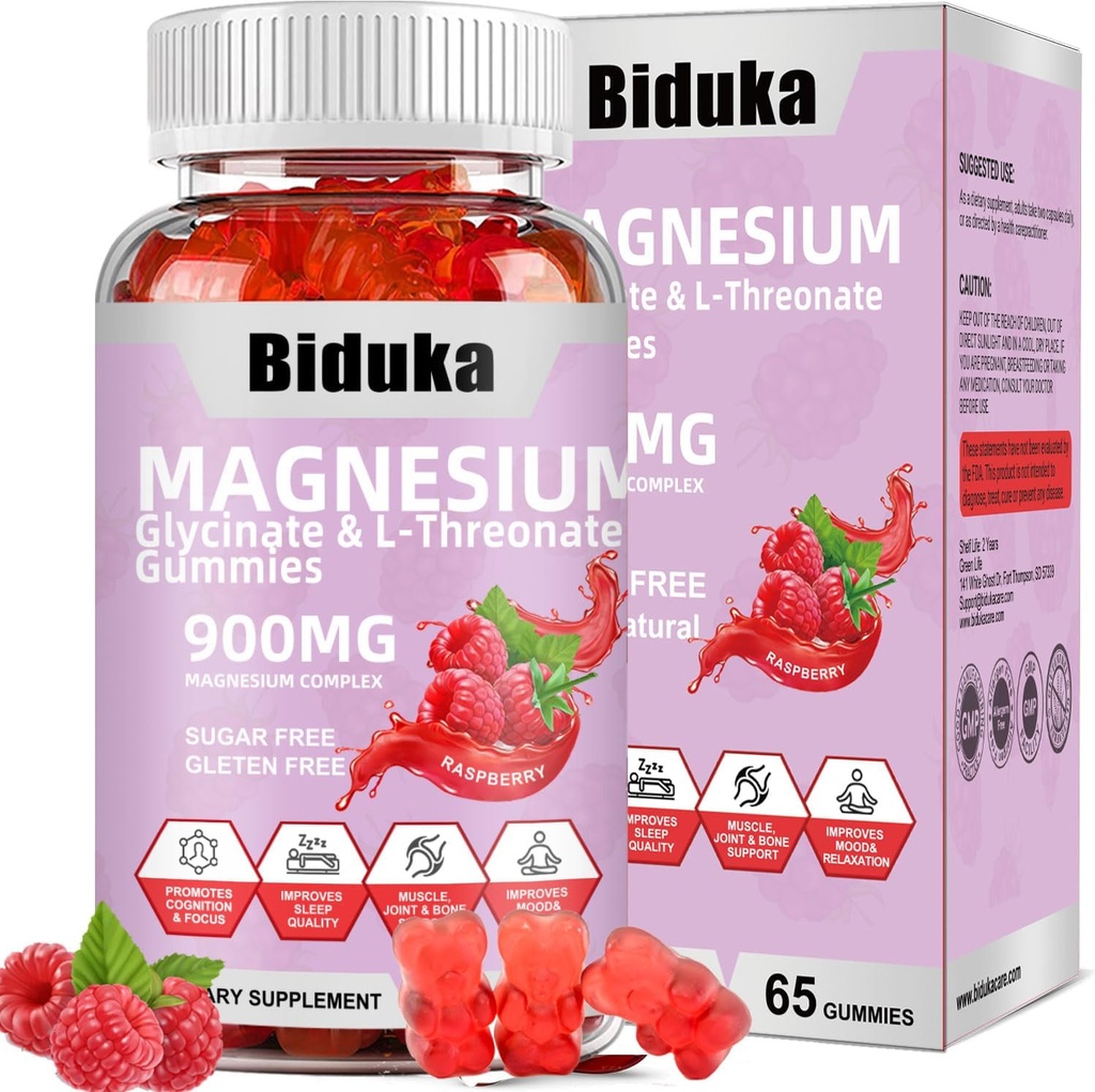 Complejo de magnesio de 900 mg 65 Raspberry Gummies, Magnesio libre de azúcar Glycinate & L-Threonate suplemento de potasio con vitamina D, B6, CoQ10 para la relajación
