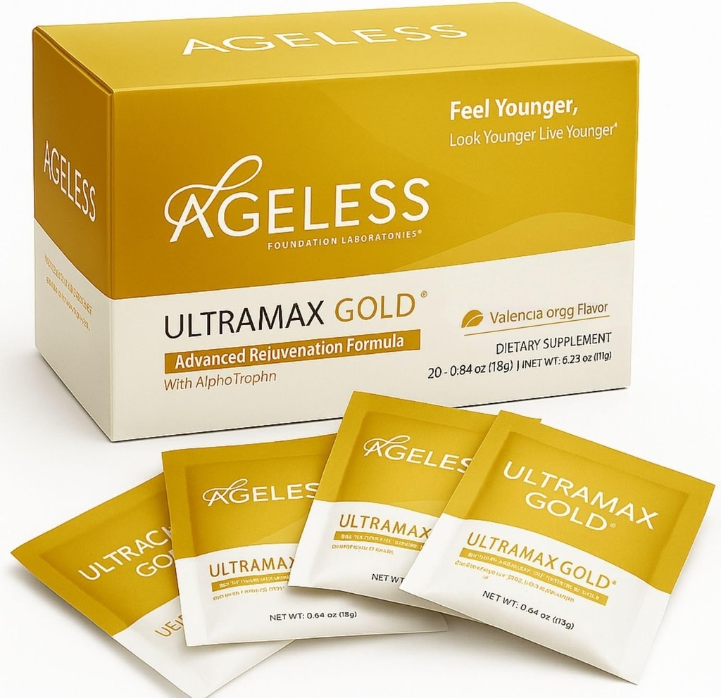UltraMAX Gold de edad - HGH suplemento de envejecimiento para hombres de mujeres - Rejuvenece la piel, Restaura Aspecto juvenil, Boost Energy &amp; Sleep, Effervescent Powder - Valencia Orange Flavor - 22 Packets