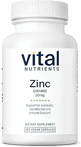 Vital Nutrients Zinc Citrate 30mg | Easily Absorbed Immune Support Supplement* | Vegan Zinc Supplement | Gluten, Dairy, Soy Free | Non-GMO | 30mg | 180 Capsules