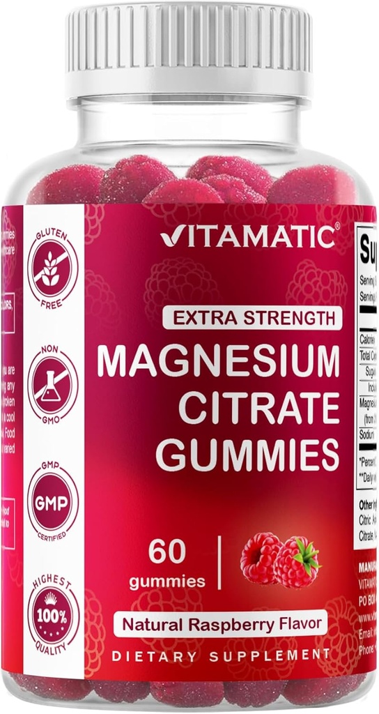 Vitamatic Extra Strength Magnesium Gummies – 255 mg ( Magnesio Elemental) por Serving – 60 Gummies Vegan Soporta Relajación, Función del musculo " Nerve, Salud ósea " Producción energética