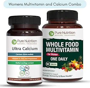 Nutrición pura Ultra Calcio 1000mg y Alimentos completos Mujeres Multivitaminas 1500mg para huesos saludables, soporte metabólico, articulaciones y bienestar general. Ultra Calcio 90 Tabs + Mujeres Multivitaminas 90 Tabs.