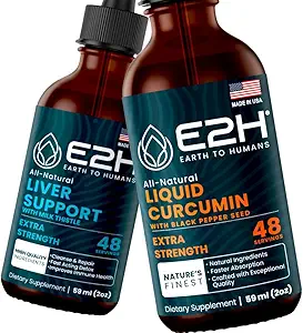 E2H: Suplemento de soporte para el hígado y Curcumina líquida de Turmérica ANTE Vegan, No GMO - 2 Fl Oz Cada (4 Fl Oz Total) - Bundle