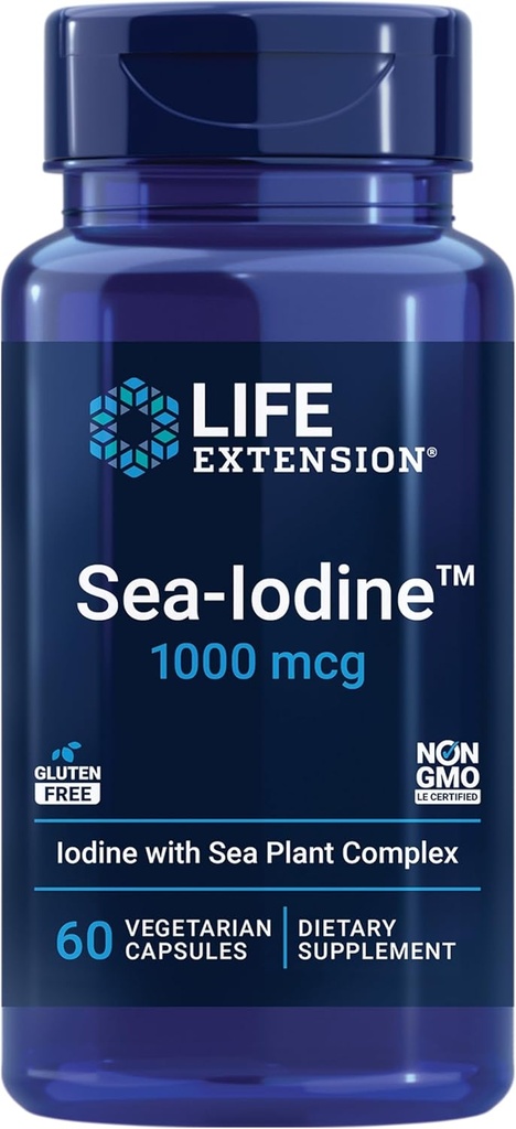 Extensión de la vida Sea-IodineTM, kelp e Iodine derivado de la vejiga, soporta niveles saludables de este nutriente esencial para la salud de los tiroides y más allá, no GMO, libre de gluten, vegetariano, 60 cápsulas