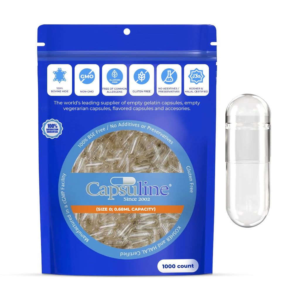 Capsuline Size 0 Empty Gelatin Capsules, Clear - 1000 Count | Gluten Free, Kosher, Non-GMO Certified | Pure Bovine Pill Caps for DIY Supplement Filling