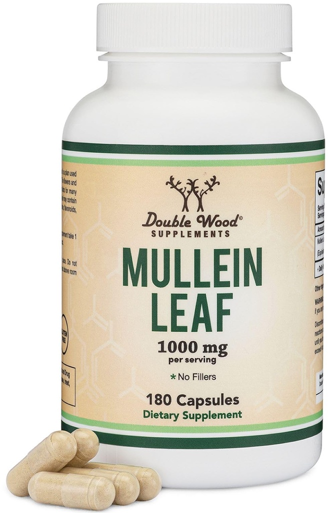 Suplementos de madera doble La hoja de Mullein capsula 10.000 mg Fuerza, 180 cápsulas vegas sin artillería, soporta salud pulmonar y respiratoria
