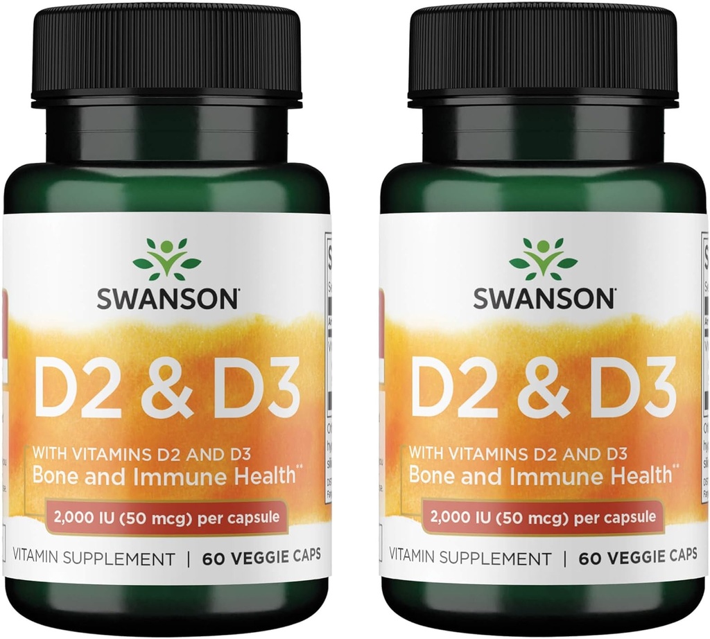 Complejo de vitamina D Swanson con vitaminas D2 &amp; D3 - Complejo completo de vitaminas Sunshine para la salud ósea, dental e inmunitaria - Suplemento de vitaminas (50 mcg, 60 cápsulas vegetales) (2 Pack)