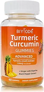 Curcumin Gummies Suplemento Turmérico para soporte conjunto Pineapple Flavor Azúcar Digestión libre Función cognitiva e inmune Salud para el rendimiento atlético mejorado, 60 condes Gummies