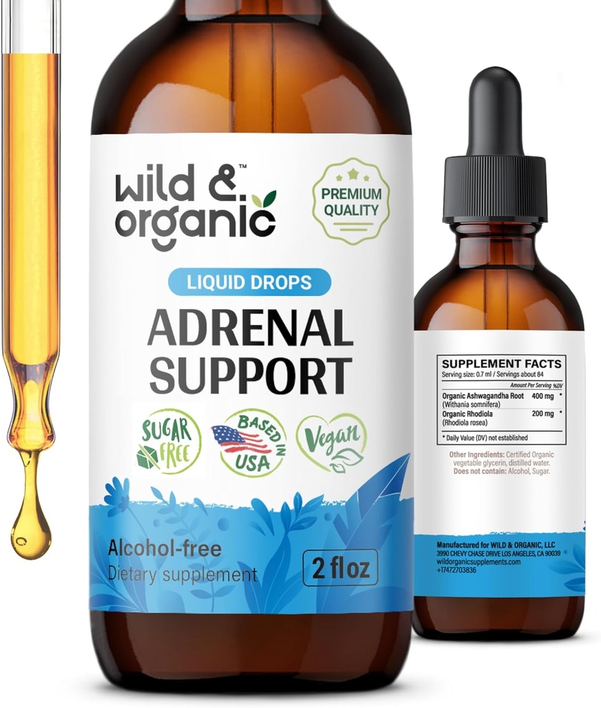 Wild &amp; Organic Adrenal Support Tintura para Positivo Outlook - Complejo Adrenal con Ashwagandha, Rhodiola Rosea Root - 1-Month Supply - Vegan, No Sugar & Alcohol - 2 fl oz