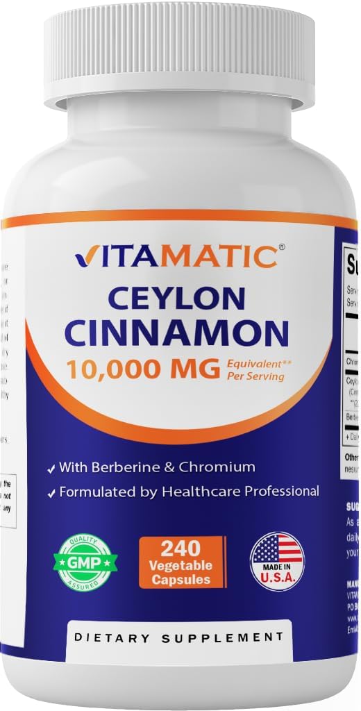 Vitamatic Ceylon Cinnamon 10000 mg Equivalente por Serving (a partir de 20:1 Extracto 500 mg) con Berberina " Cromo - 240 cápsulas vegetales - No GMO " Gluten Free
