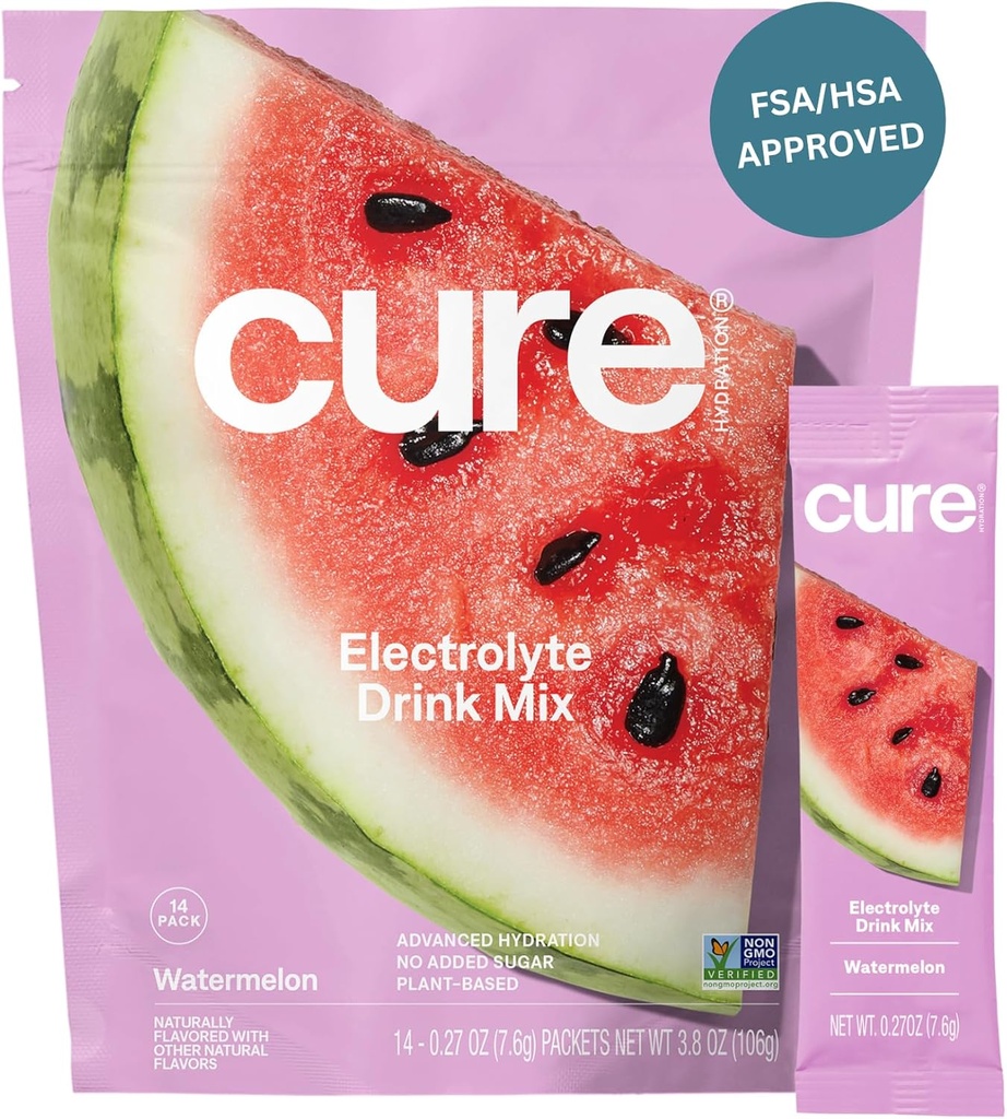 Cure Hydration | Plant-Based Electrolyte Drink Mix | No Added Sugar | FSA-HSA | Dehydration Relief Powder Made with Coconut Water | Non-GMO | Vegan | Pouch of 14 Packets - Watermelon