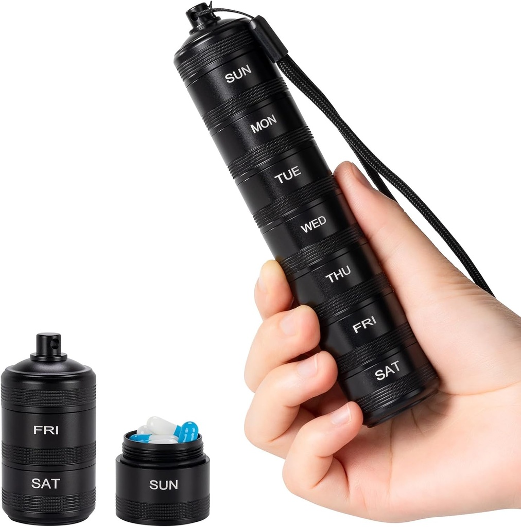 Portable Metal Weekly Pill Organizer - Waterproof Pill Box, Small Compact Travel Week Aluminum Alloy Container, 7 Day Daily Medicine Organizer Holder for Small Pills, Black S