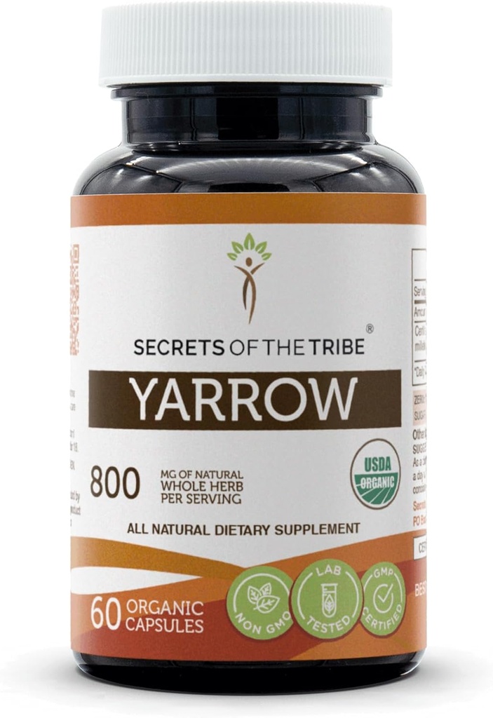 Secrets of the Tribe Yarrow USDA Organic 60 Capsules  Made with Vegetarian Capsules and Certified Organic Yarrow (Achillea millefolium) Dried Leaf and Flower (60 Capsules)
